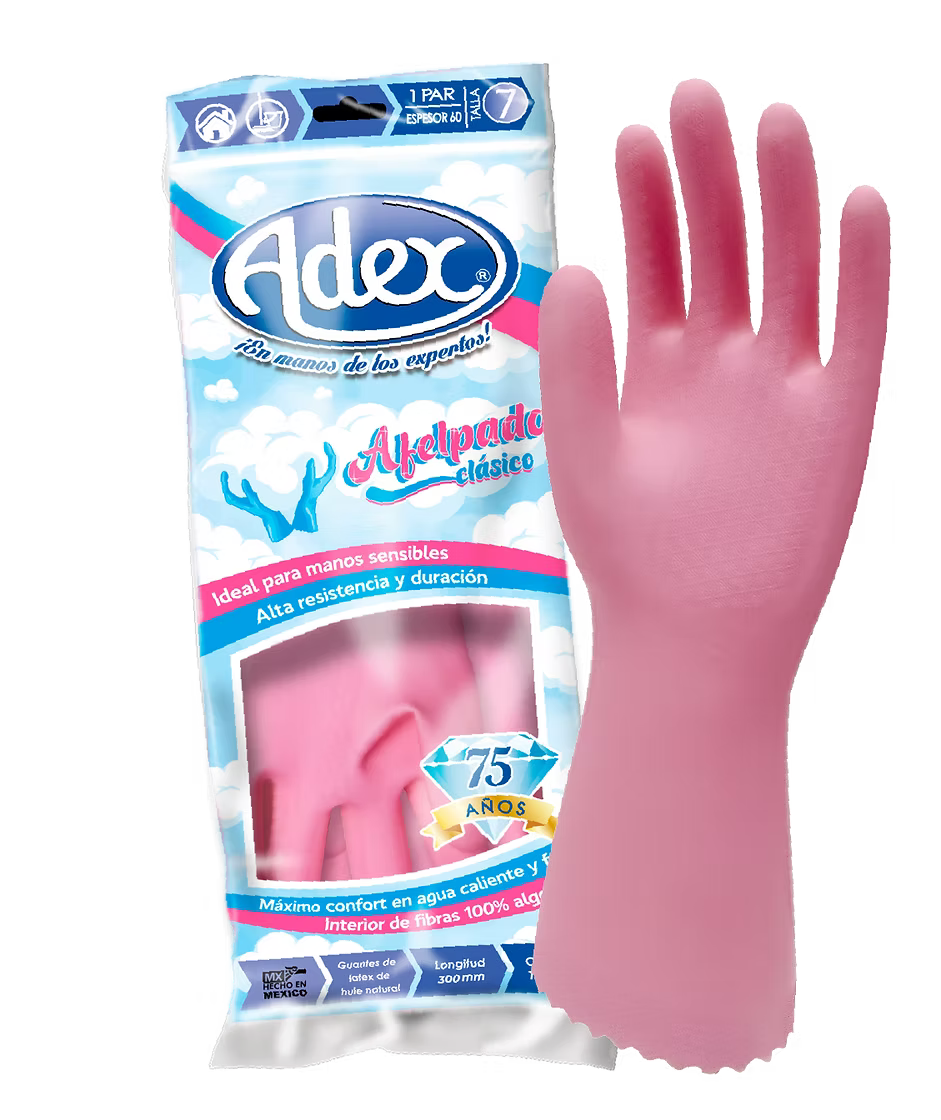 GUANTE DE LATEX NATURAL C/GRABADO AFELPADO. COLOR ROSA CLASE 1 TIPO A MARCA ADEX TALLA N.9